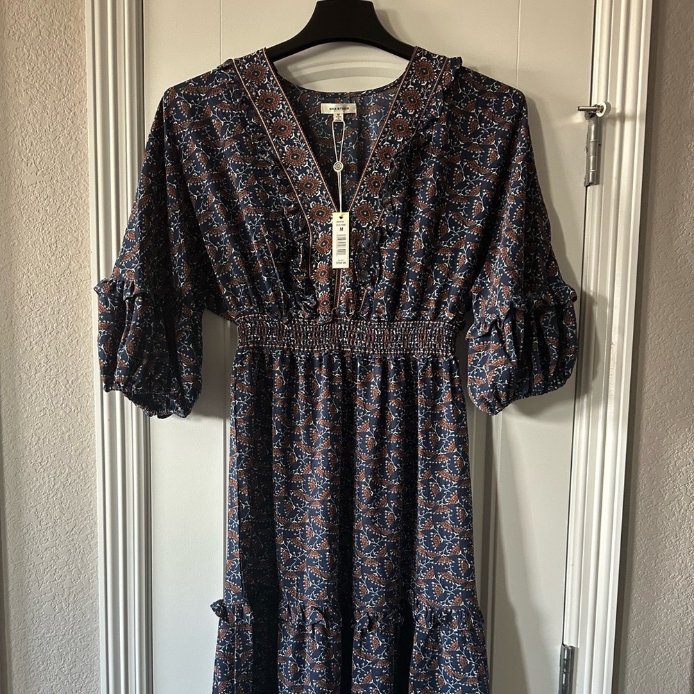 Max Studio Floral Midi Dress Fit and Flare Navy Tiered